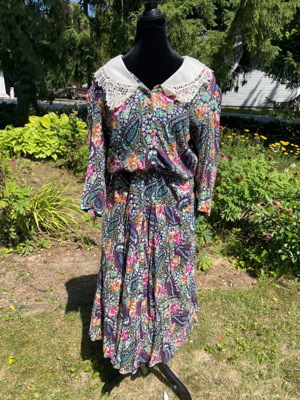 Vintage 80s Lisa II Maxi Dress Drop Waist Collar Pockets Floral 12 Cottagecore